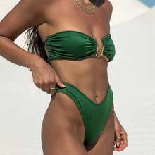 Traje de Baño de Color Sólido y Cintura Alta para Aguas Termales y Playa - azul real - Ver 5