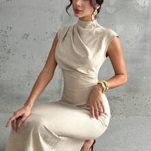 dagjydgfyja  Vestido de verano de mujer elegante de unicolor con cuello de pie que ciñe la cintura - Amarillo claro - Ver 8