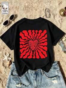 Art Print T-Shirt Hearts Wavy Stripe Print Casual Cotton Short Sleeve Round Neck T-Shirt Women's Suitable For Holiday Streetwear Spring/Summer Oversized Tops 100% Cotton Tops Women's Short Sleeve T-Shirt Casual Daily Y2k Beach Graduation Holiday Tops Summer Spring Tees Gym Sports Party Tops Vintage Carnival Valentine's Day Maija Women's Tops Blouses Spring Outfit Women's Summer Clothing Funny T-Shirt Holiday Beach Casual Cute Blouses White Blouse Summer Blouses Women's Spring Blouses Women's Easter Carnival All Seasons Office/Lounge/Home/Simple Western Women's Clothes Unisex Clothing Autumn Women Plus Size - Black - View 1