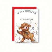 1套高地牛「Let Your Hair Down And Party」生日卡附信封，跳舞高地牛與音符插圖，「Happy Birthday」諧音趣味動物賀卡 - 多色 - 查看 13