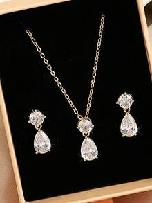 rakol Bộ trang sức nữ 3 món gồm bông tai và dây chuyền bạc phong cách tối giản, đính đá Cubic Zirconia tròn - Vàng - Xem 2