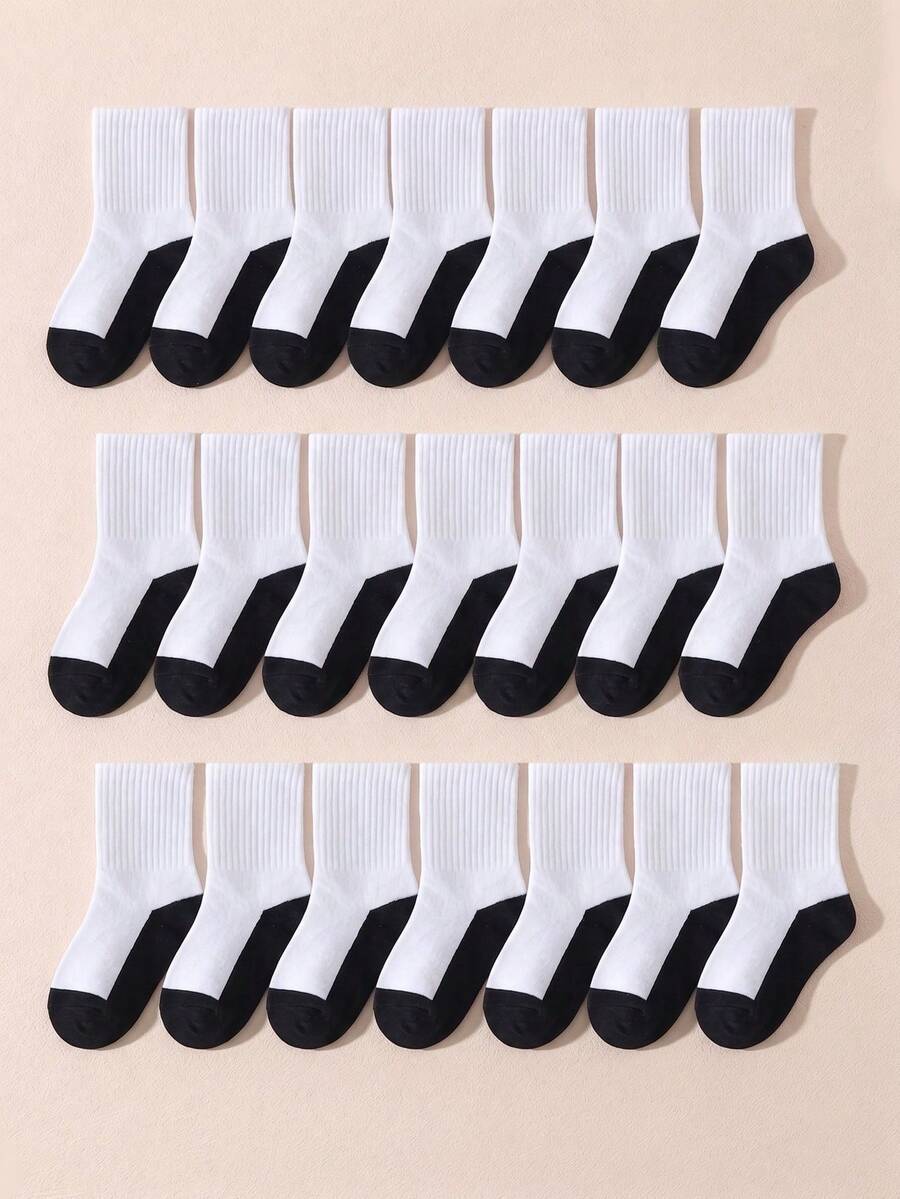 10 Pairs Random Color Children's Mid-Calf Socks, Black & White Color Block Mid-Calf Socks, Pure White Basic Casual Socks, Back To School Shoes & Socks - Multicolor - View 1