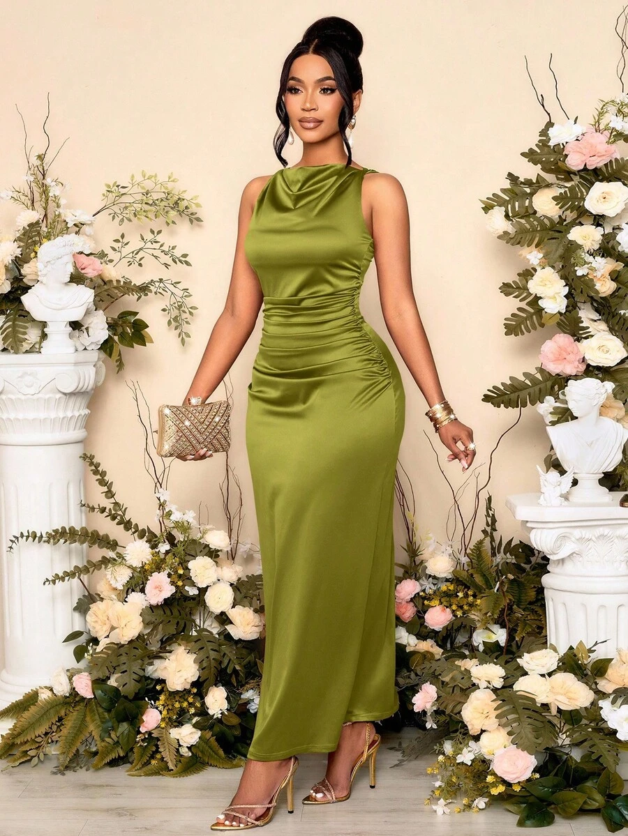 xheSOLERSUN Vestido de fiesta elegante de mujer con cuello drapeado, sin mangas y fruncido en la cintura, perfecto para banquetesxhe - Verde Oliva - Ver 1