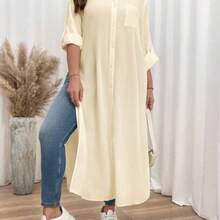 Nana's Women's Clothing Store Shapeblank Vestido camisa de talla grande para otoño, conjunto de ropa de mujer para otoño con vestido camisa de manga larga, blusa de otoño para mujer, camisas con botones para mujer de estilo informal y formal, camisas con cuello para mujer para uso en la oficina, blusas de manga larga para mujer, disfraces calados - Albaricoque - Ver 1