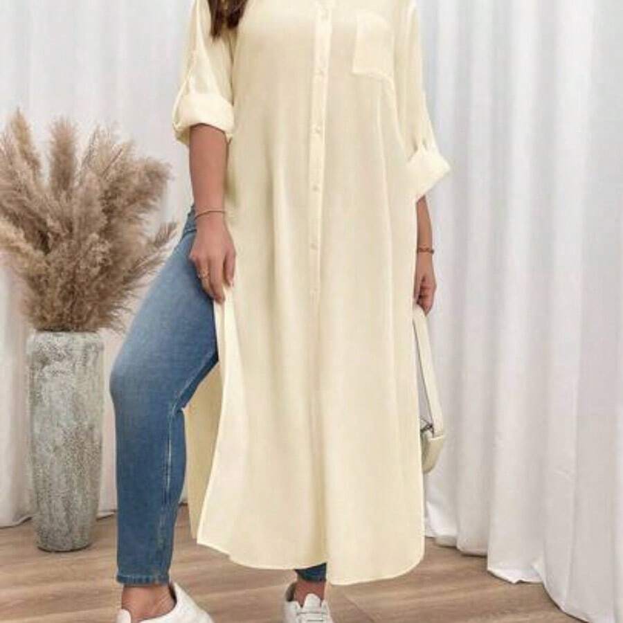 Nana's Women's Clothing Store Shapeblank Vestido camisa de talla grande para otoño, conjunto de ropa de mujer para otoño con vestido camisa de manga larga, blusa de otoño para mujer, camisas con botones para mujer de estilo informal y formal, camisas con cuello para mujer para uso en la oficina, blusas de manga larga para mujer, disfraces calados - Albaricoque - Ver 1