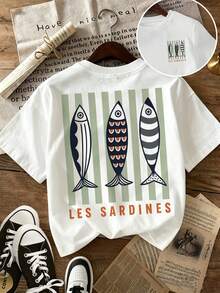 Camiseta de mujer de moda casual talla grande para verano, estilo nórdico con estampado de rayas de sardinas LES SARDINES, cuello redondo, manga corta, color blanco - Blanco - Ver 1