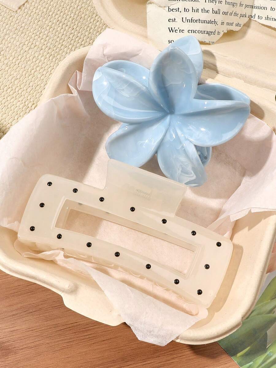 2入藍白波點扶桑花方形髮夾,半紮丸子頭髮圈,鬆散髮型整理夾,後腦勺用髮夾,分髮造型夾,慵懶女孩髮飾,波希米亞溫柔田園風,光滑質感,休閒街頭風,下午茶髮飾海邊度假髮夾 - 彩色 - 查看 1