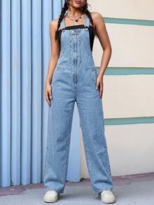 Women's Washed Denim Overalls With Front Zipper Design, Loose Straight Leg Jumpsuit, Summer Outfit Casual Fall - Light Wash - View 5