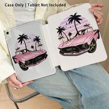 Funda protectora de tableta de cristal acrílico con efecto pintado de patrón de coche deportivo rosa y palmera, con soporte, plegable anti-doblez, esquinas reforzadas de silicona, función de activación/suspensión automática, ranura para lápiz integrada, soporte plegable multiángulo - Multicolor - Ver 5