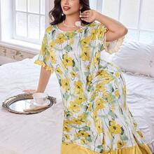 guangzhougaolangshangmao CottageSlumber Camisón largo holgado con estampado de bloque de color floral, talla grande - Multicolor - Ver 2