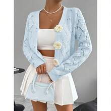 Spring 2026 Spring/Summer Women's Handcrafted 3D Floral Embellishment Western Fashion Elegant Solid Lace Crochet Cardigan Top Jacket Women's - 淺藍色 - 查看 14