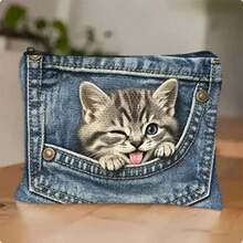 Cute Cat Denim-Print Makeup Bag, Creative 2D Pocket Cat Design Zippered Storage Pouch – Portable Makeup Bag/Coin Pouch, Multi-Functional Portable Storage Bag - Multicolor - View 3