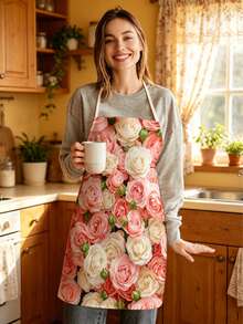 1pc, Pink Rose And Yellow Daisy Pattern Polyester Apron, Suitable For Cooking, Baking, And Gardening - Can Be Used As Attire For The Kitchen And Dining. - Multicolor - View 5