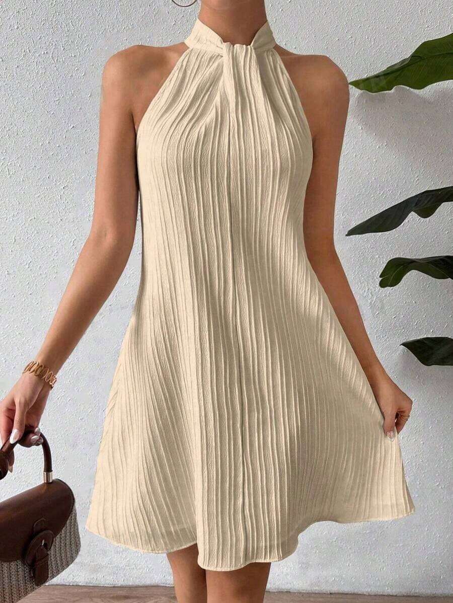 Solid Color Fitted Mini Dress With Knotted Neck And Pleats - Khaki - View 1