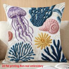 1個仿刺繡紫色水母海洋抱枕套，2D平面印花仿刺繡，療癒海濱度假風家居裝飾靠墊，輕量聚酯纖維材質單面印花，適用於臥室、客廳、沙發、床頭裝飾，不含枕芯，45*45cm - 藏蓝色 - 查看 4