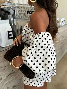 Women's Black & White Polka Dot Off-Shoulder Lantern Sleeve Loose Top And Elastic Waist Shorts 2-Piece Set, Suitable For Beach, Vacation, Summer, Valentine's Day, Beach Party, Travel, Daily Wear, Hangout With Friends - Black and White - View 5