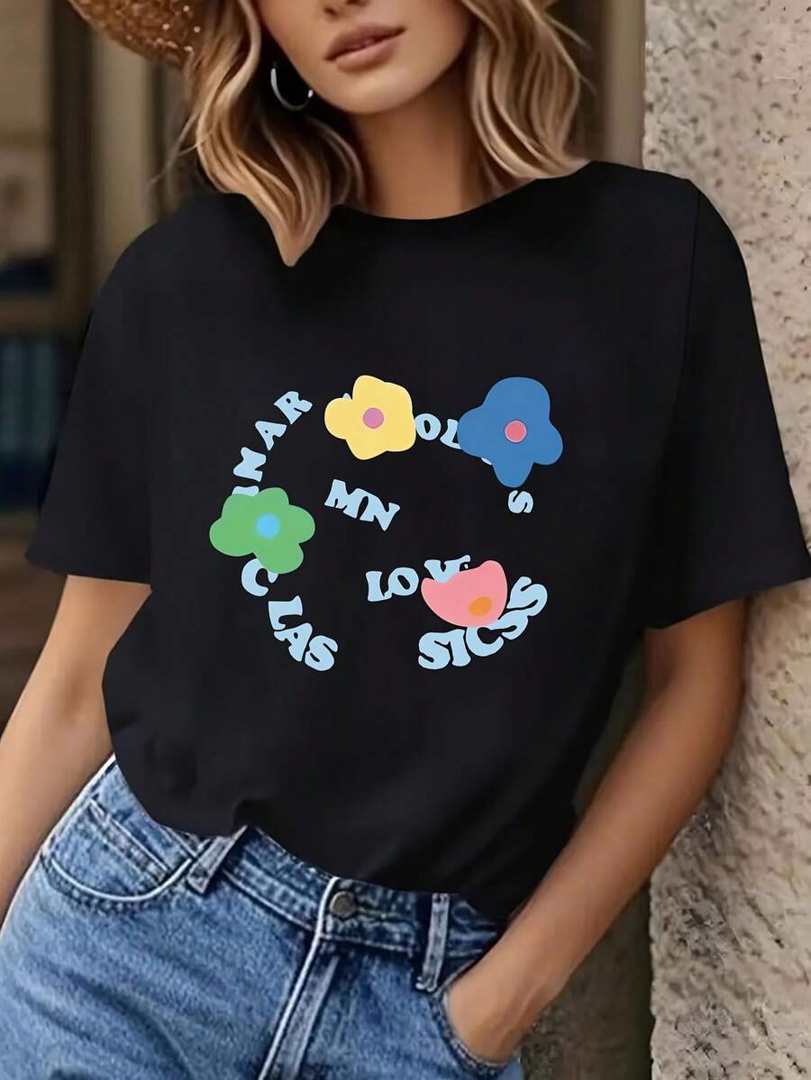 Minimalista. 100% algodón. 1paPlus Size - Tallas grandes -#008 Camiseta versátil de manga corta de tallas grandes al estilo INS con tacto premium, nueva prenda de primavera. Top de primavera/verano. - Negro - Ver 1