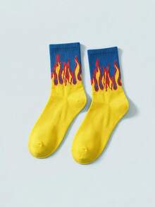 Modcrash 5 Pairs Unisex Colorblock Flame Pattern Mid-Calf Socks, Creative & Fashionable Sports Socks, Versatile For Daily Wear, All Seasons, Fall Socks - Multicolor - View 4