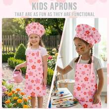 Apron And Chef Hat Set Adjustable Bib Apron With Pocket For Cooking Baking Painting Arts And Crafts 3-8 Age - N-pink Flower - View 7