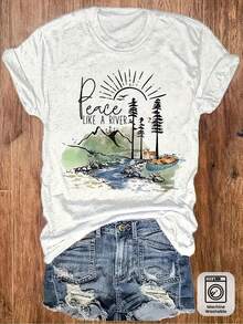 Women's Casual T-Shirt- Comfortable Everyday Crew Neck Top, Machine Washable River Pattern Design, Suitable For Home, Office, Travel- Natural Lan - 白色 - 查看 2
