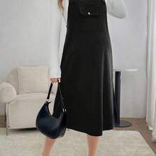 Vestido casual suelto con bolsillo y tirantes de unicolor para mujeres embarazadas, para primavera y otoño, para maternidad - Negro01 - Ver 5