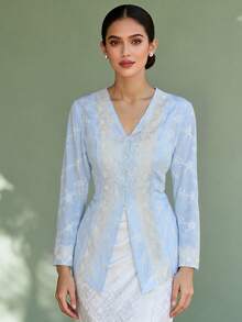 1pc Elegant Lace Patchwork Long Sleeve Blouse, Blue - Baby Blue - View 3