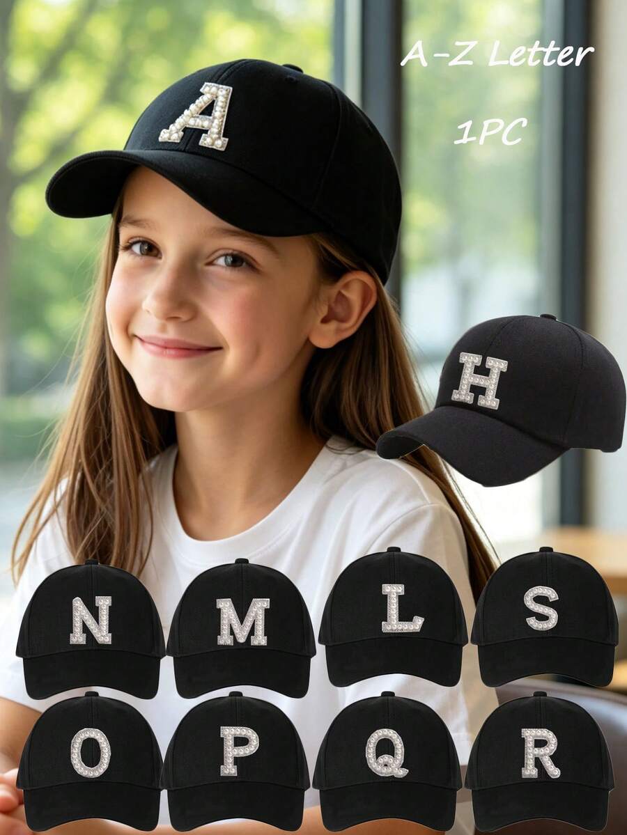 1pc Kids A-Z Shiny Letter Baseball Cap, Fashionable Boys Girls Sports Sun Hat With Adjustable Strap, Back To School Essential For Ages 3-8 - Black - View 1