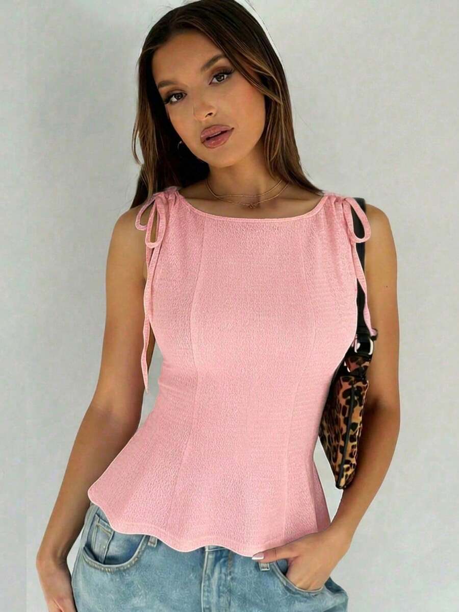 1 pieza Blusa con volante en el bajo de tela de punto de unicolor, uso casual de verano en color negro - Rosa 2 - Ver 1