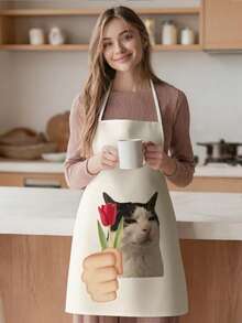 1pc, Cartoon Chef Cat Pattern Polyester Apron, Suitable For Cooking, Baking, And Gardening - Can Be Used As Attire For The Kitchen And Dining. - Multicolor - View 5