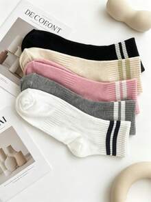 5 Pairs Women's Striped Crew Socks, Retro Sports Style Cotton Striped Socks, Multi-Color Options - Multicolor - View 7