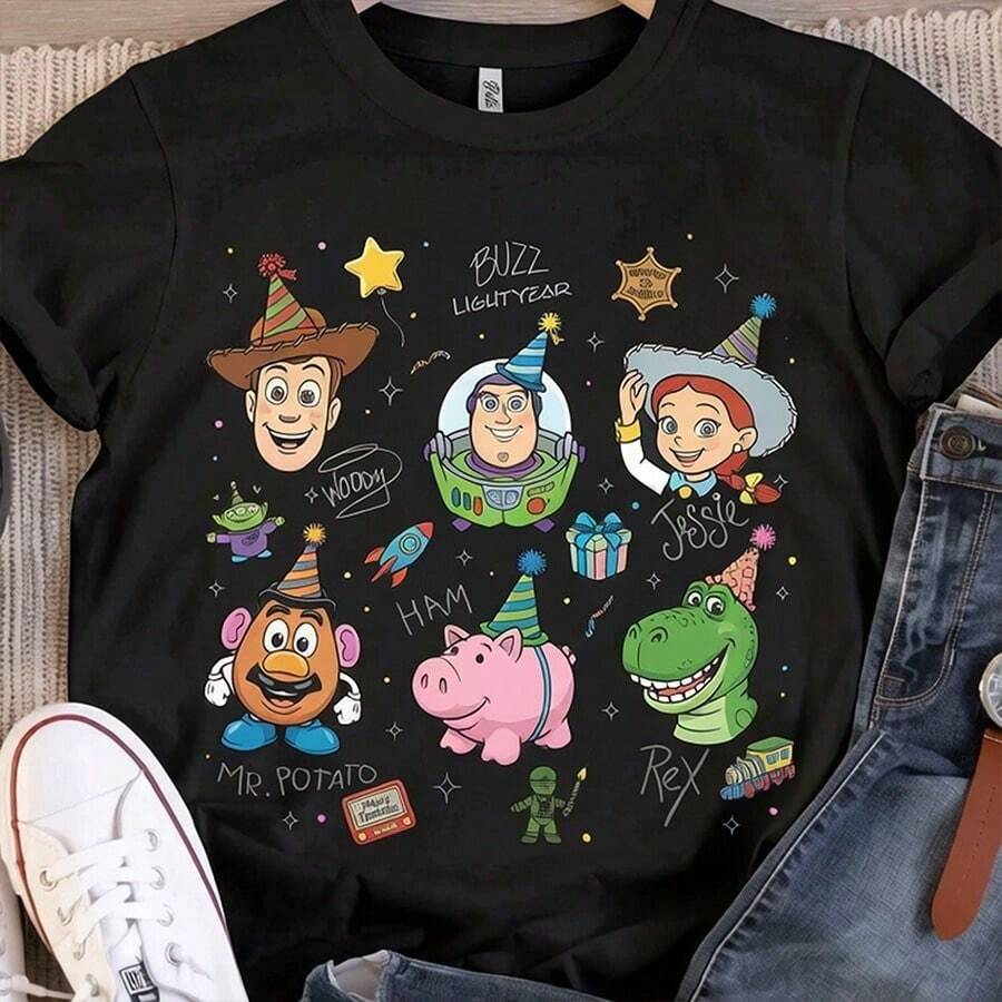 Disney Toy Story Birthday Tee | "Birthday Surprise" Buzz Lightyear Graphic Print T-Shirt, Jessie Woody Rex Hamm... | Disney 100% Cotton T-Shirt - 黑色 - 查看 1