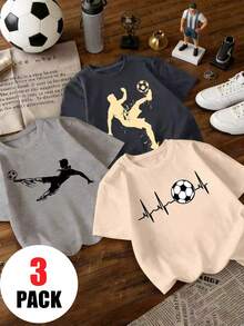 3pcs Football Theme Print Sports T-Shirts, Suitable For Boys Casual Wear, Suitable For Spring/Summer Basketball Theme Round Neck Short Sleeve, Teenager Sports Top - Multicolor - View 2