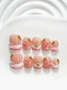 10入甜美風手工穿戴式美甲貼片組，Polygel 凝膠美甲，星星放射線條美甲飾品，粉白配色，溫柔名媛風，附美甲工具（1張果凍貼+1個美甲搓條），3種尺寸可選，方甲、短方甲、杏仁甲，適合聚會、日常、派對、拍照、休閒、春夏通勤 - 彩色 - 查看 2
