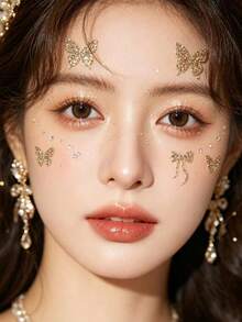 1 pièce Autocollant de décoration de visage style papillon de luxe, Autocollant de nœud papillon pailleté doré, Accessoire de maquillage de portrait élégant, Autocollant de visage papillon style élégant, Design de nœud pailleté or champagne, Décoration de maquillage d'ambiance élégante - Multicolore - Voir 3