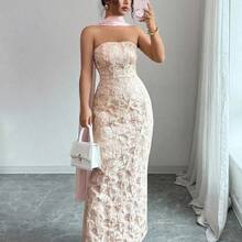 YijiaNvz  Vestido  con cintura ceñida, escote sin tirantes, cuello con lazo, de tela jacquard con estampado floral rosa y dorado, elegante y romántico, adecuado para citas, compras, festivales de música y talla grande, primavera/verano - Rosa - Ver 6