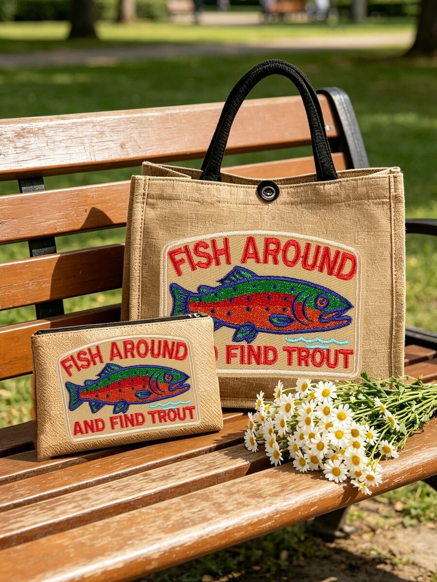 多功能手提包兼化妝包,復古沙丁魚印花,護膚品收納袋,大容量時尚極簡亞麻包,適合戶外野餐、派對、旅行和購物 - 彩色 - 查看 1