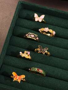 7pcs/Set Vintage Unique Design Butterfly & Flower Decor Rings Set, Fashionable Versatile Casual Daily Wear & Party Gift Jewelry For Women - View 3