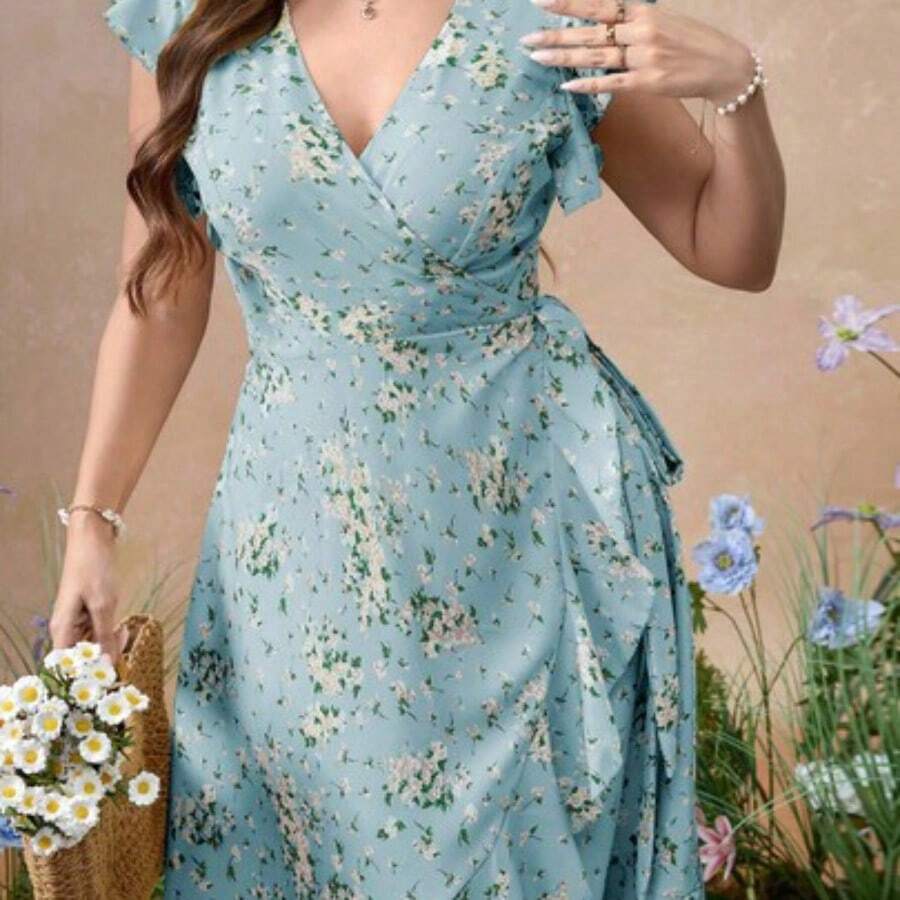 dahkjdgajy Roveilla Vestido de tejido con ajuste de cintura y vuelo, con mangas con volantes y estampado floral diminuto - Azul - Ver 1