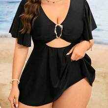 dahkjdgajy Swim Lushoire Traje de baño de 2 piezas para mujer talla grande, de unicolor, con almohadillas extraíbles, detalles de herrajes metálicos elegantes, brazalete hueco con volantes, Bottom triangular de cintura alta, estilo casual de resort para playa - Negro01 - Ver 4