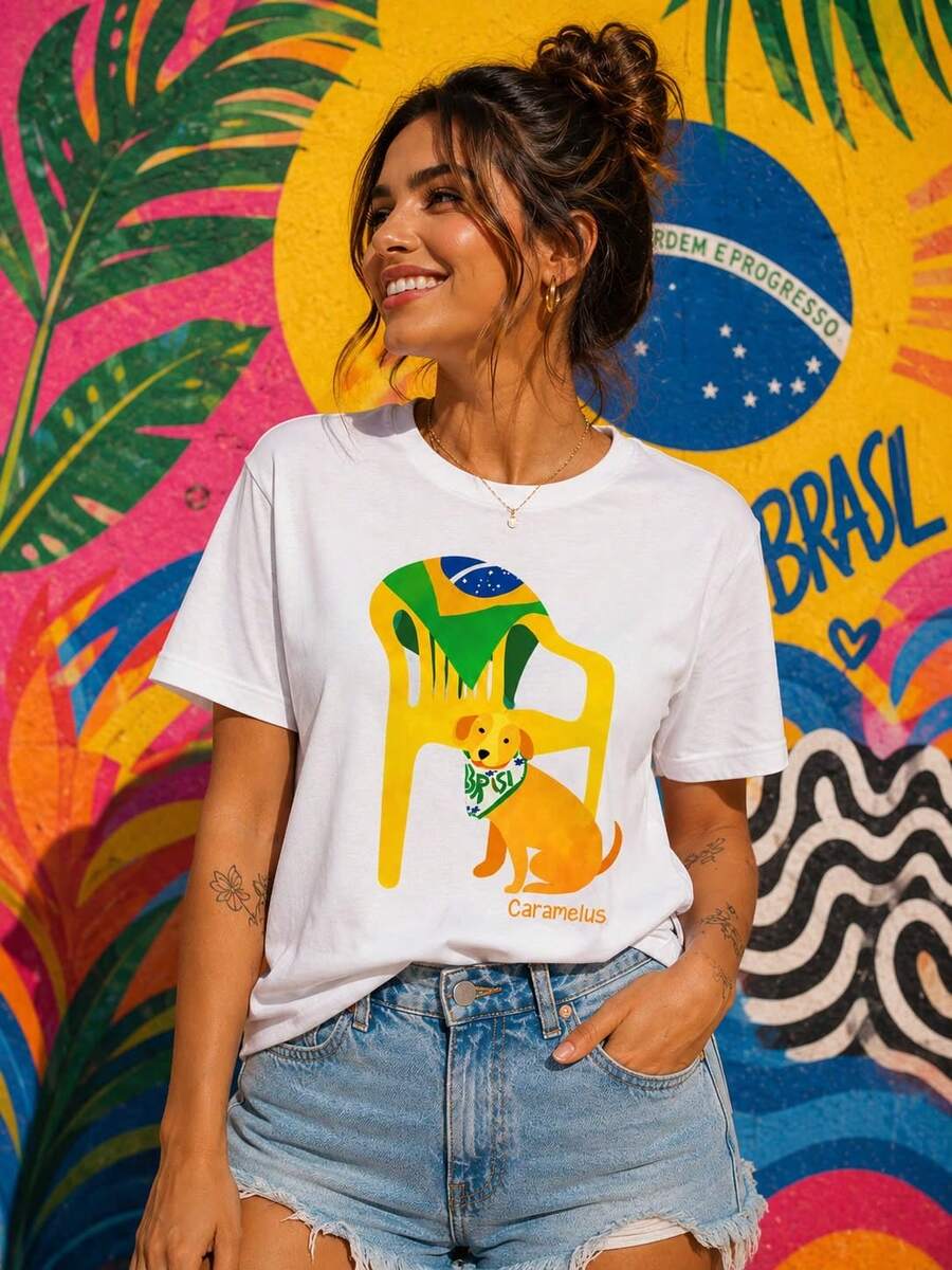 Women's T-Shirt Brazil Dog Caramel Fun Print - 白色 - 查看 1