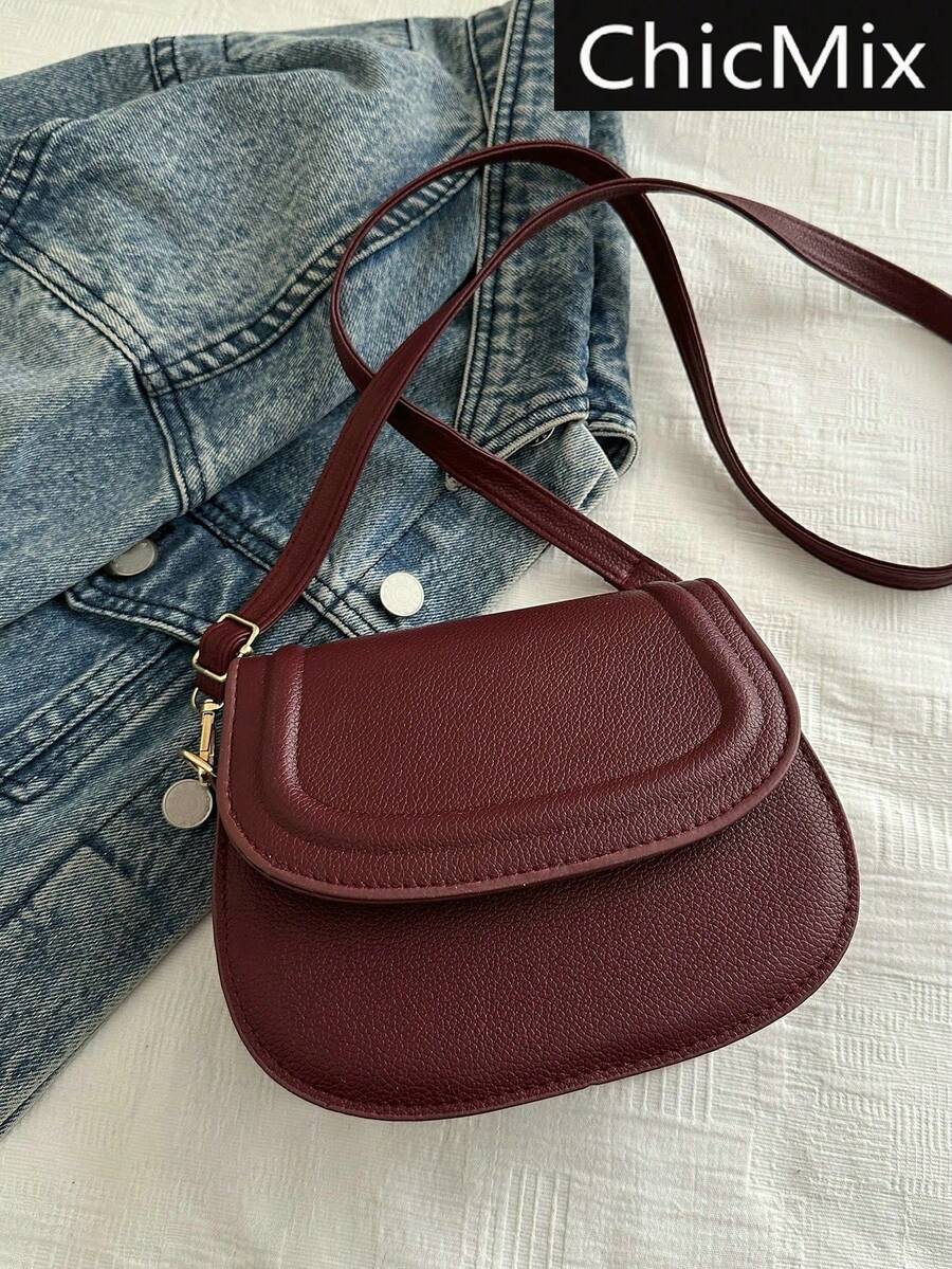 Fashion Solid Color Embossed Mini Saddle Crossbody Bag - Red - View 1