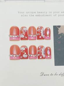 10 piezas de uñas postizas cuadradas hechas a mano, uñas acrílicas cortas rosa con degradado francés DIY, con tachuelas de strass florales 3D, uñas falsas DIY estilo Y2K de verano, pegatinas de uñas, adecuadas para fiesta, uso diario, citas, atuendos de vacaciones tropicales, regalo para mujeres y niñas, suministros de arte de uñas - Rosa - Ver 4