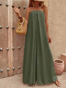 Mono elegante de pierna ancha y color liso - Verde Oliva - Ver 4