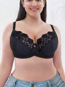 1pc Plus Size Women Non-Wired Lace Underwire Bra, Breathable Non-Slip, High Support, Adjustable Straps, Seamless, Suitable For Daily Wear ﻿ - Black - View 6
