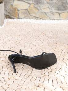 French Minimalist Elegant Style Thin High Heel Metal Buckle Sandals, Plus Size Square Toe Thin Strap High Heel Sandals - Black - View 4
