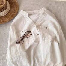 Camisa de manga larga de un solo pecho de unicolor y bolsillo minimalista para mujer, uso de oficina en color blanco - Blanco - Ver 5