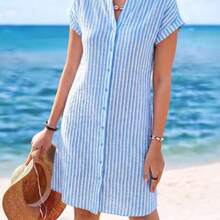 Nana's Women's Clothing Store  Vestido camisero de verano para mujer, de manga corta, cuello en V y rayas, hasta la rodilla, vestidos de verano para mujer, vacaciones - Celeste - Ver 1