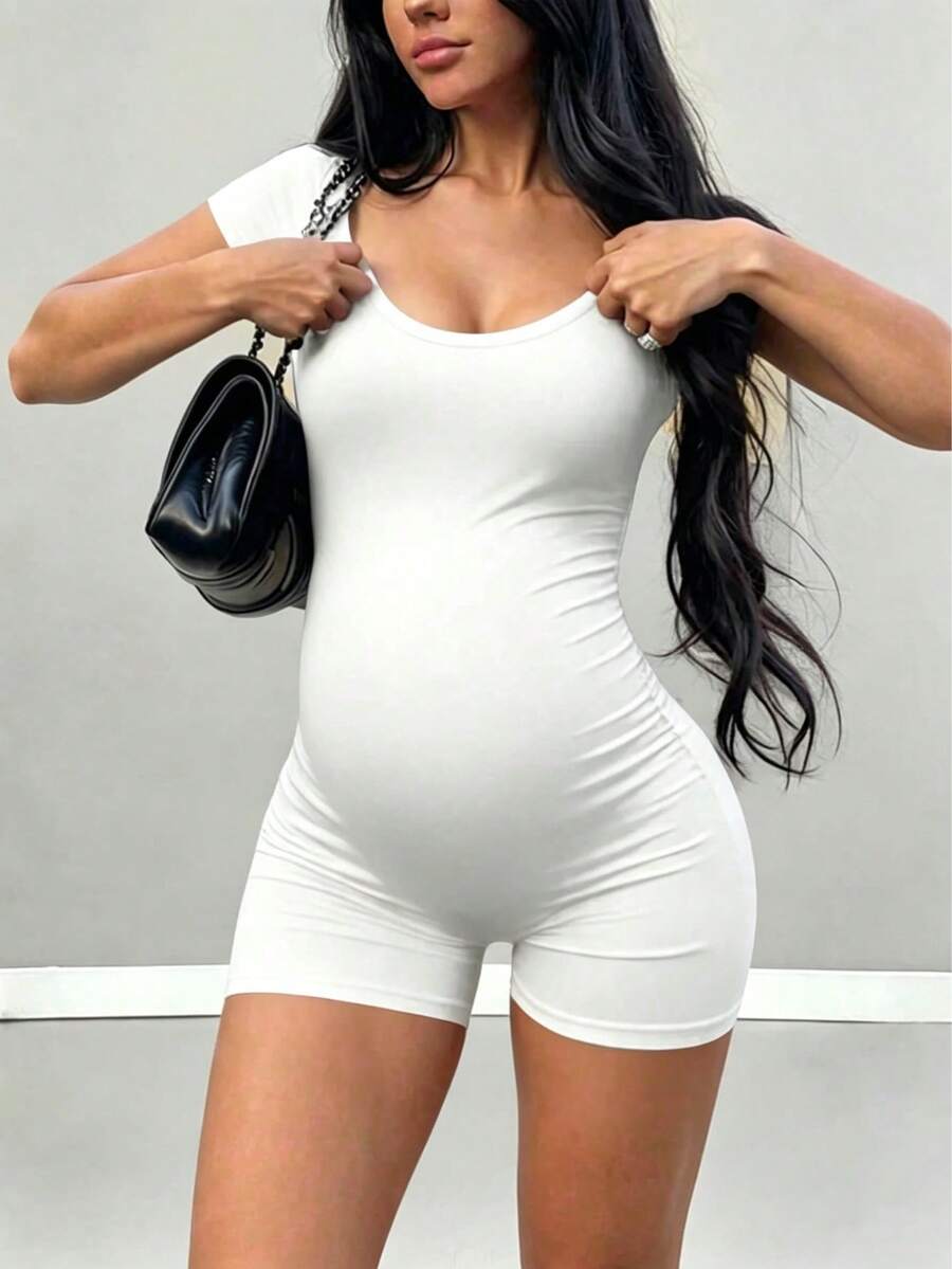 Mono de maternidad de unicolor, casual y cómodo, estilo minimalista blanco de verano - Blanco - View 1