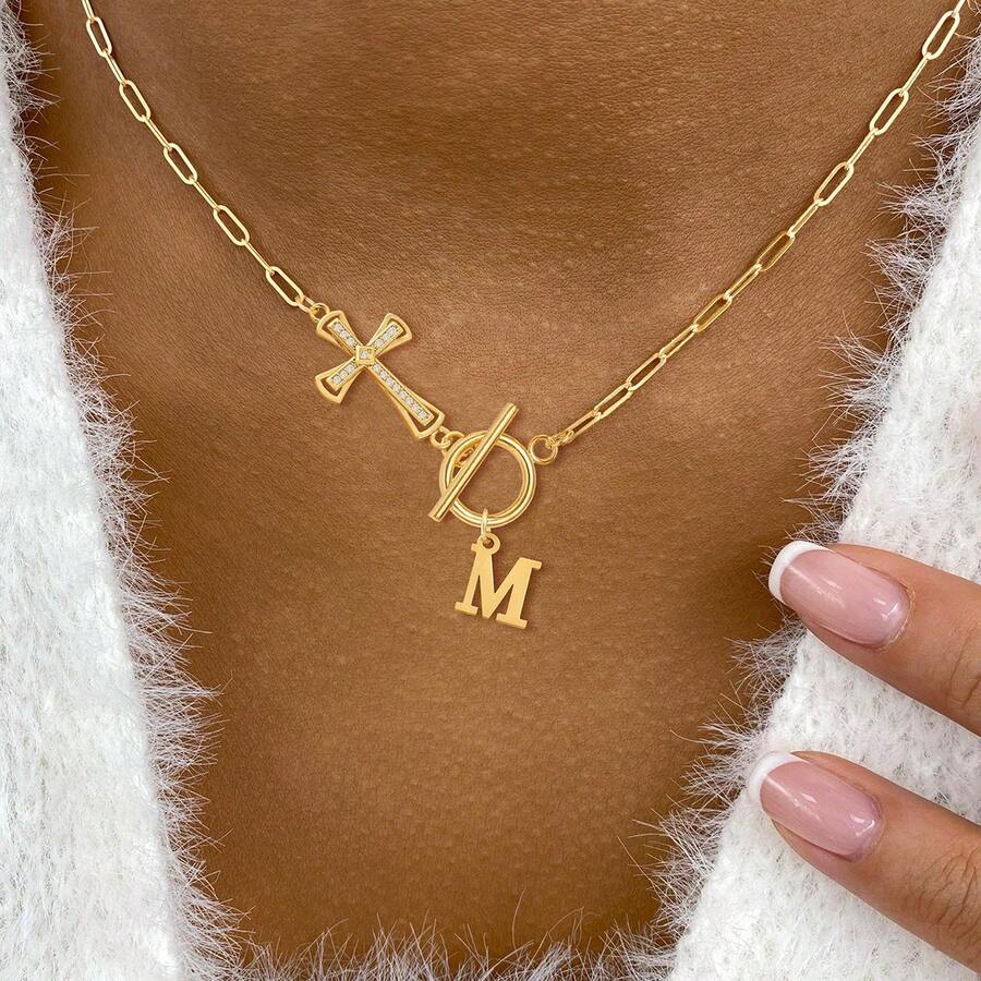 1pc Classic Fashion Initial Cross Pendant Toggle Clasps Golden Stainless Steel Paper Clip Chain Necklaces For Women - Yellow Gold - View 1