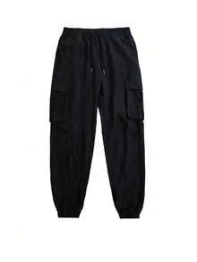 Celana Panjang Kargo Kasual Pria Bahan Linen untuk Musim Panas dengan Banyak Kantong untuk Aktivitas Luar Ruangan, Mendaki, Potongan Kaki Meruncing - Hitam - View 3
